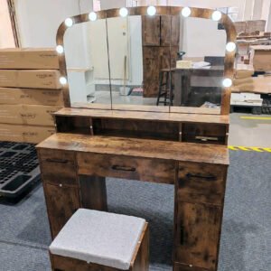 Penteadeira com espelho e iluminação 108 cm Mesa de maquiagem com estação de carregamento de banqueta 3 cores de luz 3 gavetas branco