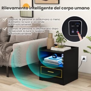 Conjunto de 2 mesas de cabeceira com luz LED, porta USB e estação de carregamento tipo C, mesa de cabeceira com sensor de movimento, preto