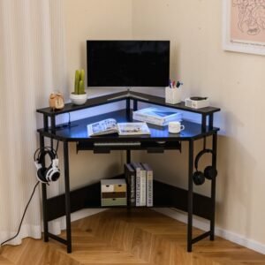 Mesa de canto com estação de carregamento, LED, bandeja para teclado e suporte para monitor, mesa de jogos branca