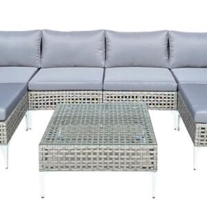 Conjunto de 7 peças de móveis de pátio, sofá secional de vime com almofadas e mesa de centro em madeira de acácia cinza