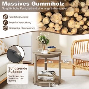 Mesa de centro de 2 andares com prateleira e pernas de madeira de seringueira, mesa de coquetel rústica para sala de estar em carvalho