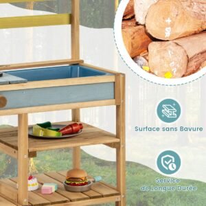 Cozinha de Lama para Crianças, Cozinha de Brinquedo em Madeira de Abeto com Botões de Fogão e Pia Amarela