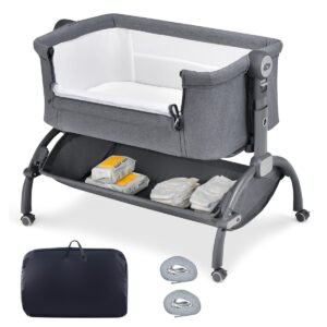 Berço lado a lado com ajuste de altura de 7 níveis para recém-nascidos, berço co-dorminhoco para bebês com cesto de armazenamento bege