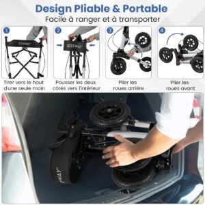 Andador dobrável com assento e pneus pneumáticos de 9 polegadas para idosos - preto