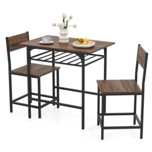 Conjunto de mesa de jantar de 3 peças, mesa retangular de madeira e cadeira para 2 pessoas, cinza