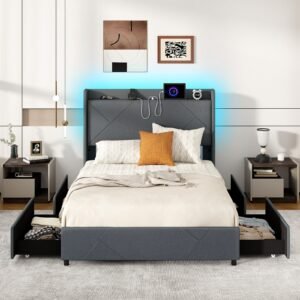 Cama 160x200 Iluminação LED e régua de energia USB-C e USB-A 4 gavetas 2 bolsos de armazenamento Estrutura de cama com base de ripas Cabeceira de armazenamento cinza