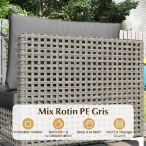 Espreguiçadeira reclinável de vime PE com encosto ajustável de 6 níveis, cinza, 1 peça