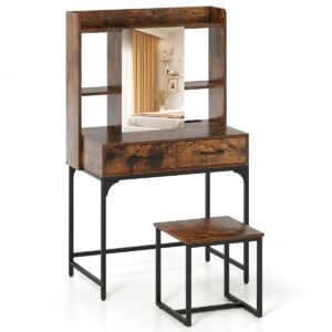 Penteadeira com espelho e iluminação 108 cm Mesa de maquiagem com estação de carregamento de banqueta 3 cores de luz 3 gavetas marrom