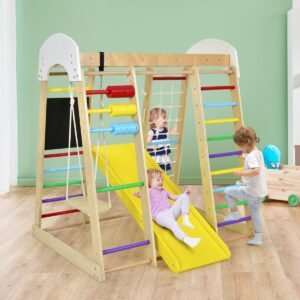 Conjunto de brinquedos de escalada para crianças com escorregador e balanço 124 x 119 x 138 cm natural