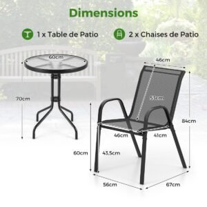 Conjunto de bistrô para área externa de 3 peças com mesa lateral redonda e 2 cadeiras empilháveis, conjunto de assentos com tampo de mesa cinza
