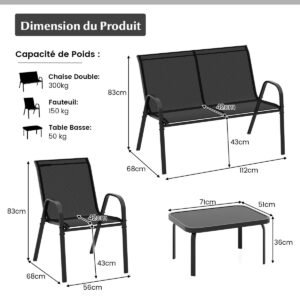 Conjunto de 4 móveis para área externa com mesa de centro de vidro temperado, conjunto de conversação para área externa cinza