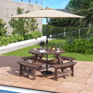 Conjunto de mesa de piquenique para 8 pessoas com furo para guarda-sol e 4 bancos Mesa de jardim de madeira Grupo de assentos redondos Amarelo