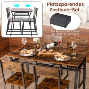 Conjunto de mesa de jantar com 5 peças, mesa de cozinha com 4 cadeiras e prateleira, conjunto de assentos para jantar industrial cinza