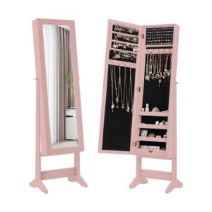 Armário de joias autônomo com espelho, baú de joias, armário de armazenamento de cosméticos, 3 posições ajustáveis, roxo