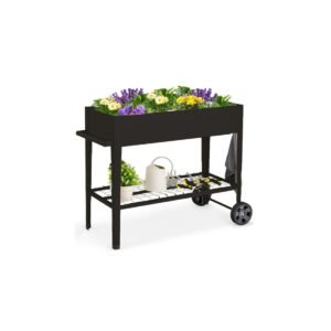 Canteiro de jardim elevado de metal com prateleira de armazenamento, ganchos para pendurar e rodas - marrom claro