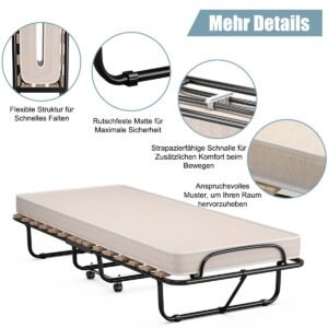 Cama dobrável com colchão Cama de hóspedes portátil e enrolável 190 x 80 x 33 cm Cinza Fabricado na Itália Origem: Itália