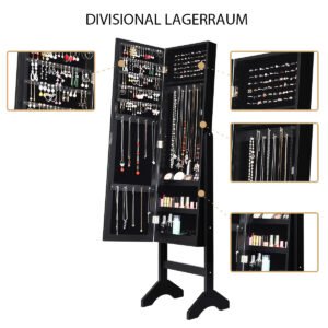 Organizador de armário para joias espelhado com luzes LED - Preto