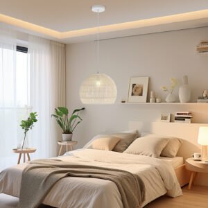 Luminária pendente de papel trançado, luminária suspensa de vime, lustre de teto boêmio com altura de suspensão ajustável, marrom