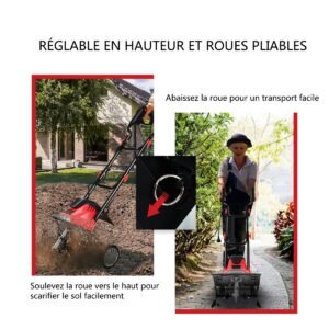 Cultivador elétrico com cabo dobrável e rodas ajustáveis