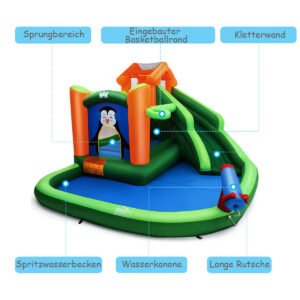 Castelo inflável com soprador, escorregador, área de salto, cesta de basquete, 100 bolas e bolsa de transporte