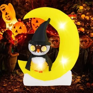 Decoração inflável de Halloween de 180 cm, fantasma fofo com lanterna de abóbora, chapéu de bruxa, 5 luzes LED reguláveis, brancas