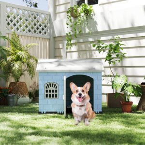Canil de plástico resistente às intempéries com porta com fechadura, 3 janelas e telhado inclinado para cães pequenos e gatos, verde