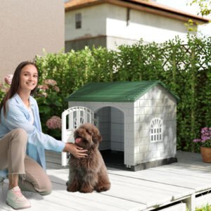 Canil externo para cães com porta e 3 janelas e piso removível e gaiola para cães cinza