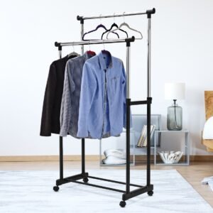 Cabideiro móvel para roupas com trilho simples/duplo, rodas e prateleira inferior