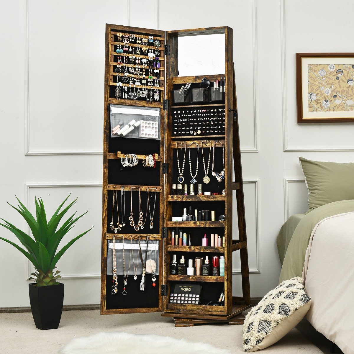 Armário para joias com rotação de 360° e fechadura, com espelho de corpo inteiro - Preto - Image 2