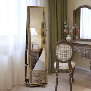 Armário para joias com rotação de 360° e fechadura, com espelho de corpo inteiro - Preto