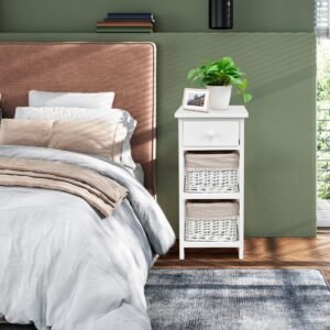 Armário de chão com gavetas e prateleiras abertas para sala de estar