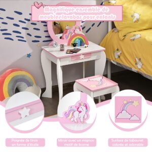 Conjunto de penteadeira e banqueta infantil com espelho e gaveta 49 x 34 x 86,5 cm rosa