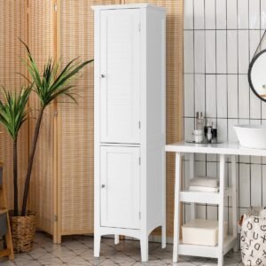 Armário de aparador de 48 polegadas, armário de armazenamento de chão com 2 portas de bambu trançado - branco