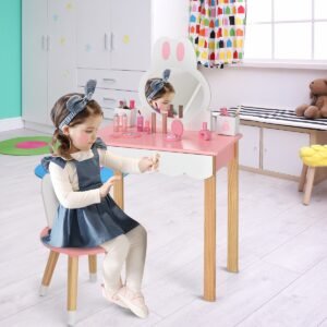 Conjunto de penteadeira e banqueta infantil, mesa de maquiagem removível com espelho triplo e gaveta, branca