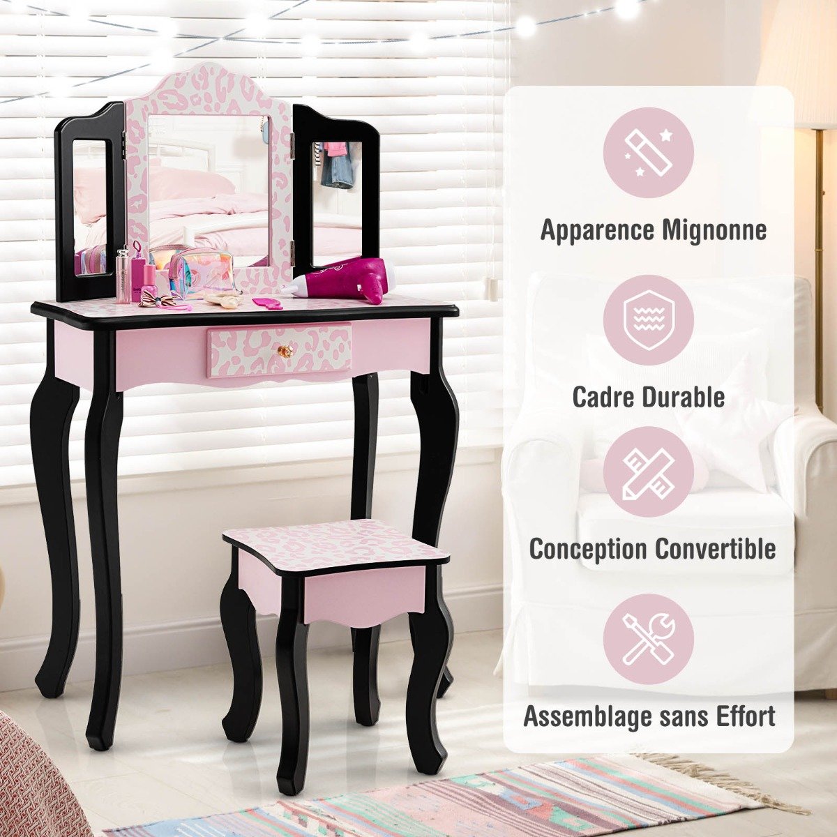 Penteadeira infantil com banquinho, espelho triplo dobrável e gaveta azul bolinhas