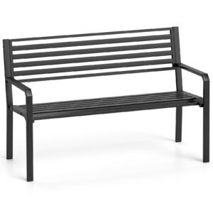 Banco de ripas moderno com braços curvos e encosto minimalista, banco de pátio de metal de 128 cm, preto