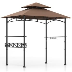 Gazebo para churrasqueira de 242 x 153 cm com 2 prateleiras laterais e cesto de armazenamento - cinza