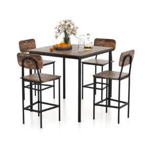 Conjunto de mesa de jantar industrial de 5 peças com mesa de altura de balcão e 4 bancos de bar - marrom escuro