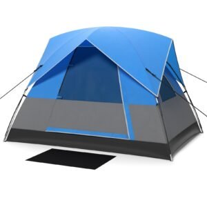 Barraca de acampamento para 5 pessoas com portas de tela, janelas e bolsa de transporte - azul e branco