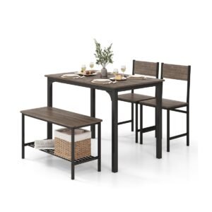 Conjunto de mesa de jantar de 3 peças, mesa de cozinha industrial de 120 cm com 2 bancos de bar, mesa de pub retangular e cadeiras de café
