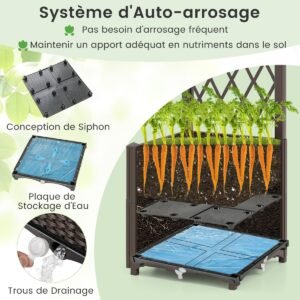 Vaso elevado de 211 cm com cuba para plantas e rodas de treliça, altura ajustável, gaiola para tomates com autoirrigação para plantas trepadeiras, preto