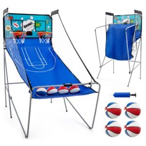 Máquina de basquete com 4 bolas, bomba de ar e 8 modos de jogo, jogos de basquete arcade, azul escuro