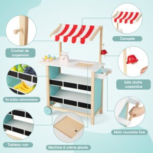 Carrinho de sorvete de madeira para crianças com quadro negro e armazenamento para maiores de 3 anos - branco