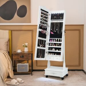 Armário de joias independente com espelho LED de corpo inteiro e 6 gavetas - marrom rústico