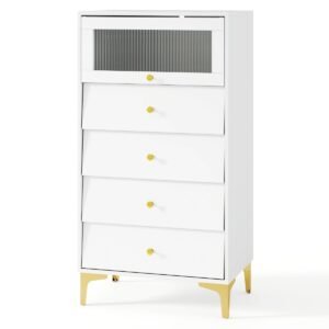 Cômoda com 3 gavetas e 2 portas Aparador com porta de vidro retrátil 80 x 40 x 95,5 cm Branco