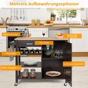 Carrinho de ilha de cozinha com rodinhas, carrinho de servir, carrinho de madeira, branco