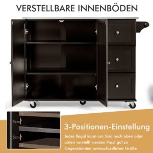 Carrinho de cozinha móvel com bancada de aço inoxidável, 3 gavetas e prateleiras ajustáveis, branco