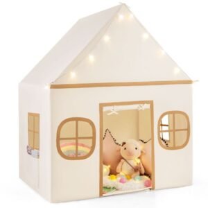 Tenda de brincar para crianças, casa de brincar grande com porta, cortina e janelas, estrelas iluminadas, tapete acolchoado antiderrapante, bolso rosa