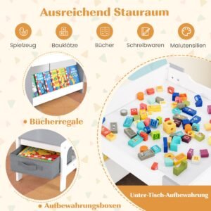 Conjunto de mesa e cadeiras infantis 4 em 1 com tampo reversível e estantes - Natural