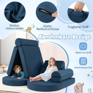 Sofá-cama infantil que brilha no escuro com capa removível e lavável à máquina, estampa de estrelas, para maiores de 3 anos, azul